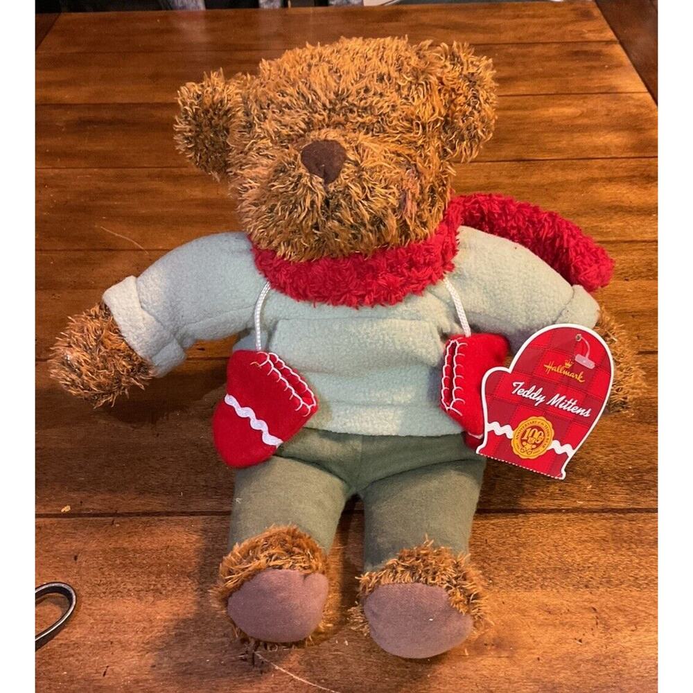 Hallmark Teddy Mittens Plush Bear, Red Scarf & Mittens, Green Outfit, 13" w Tag